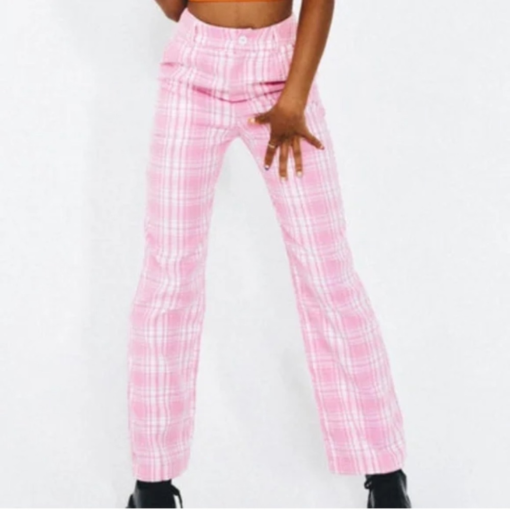 PRINCESS POLLY Pink Plaid High Rise Button Fly Front Pants NWOT